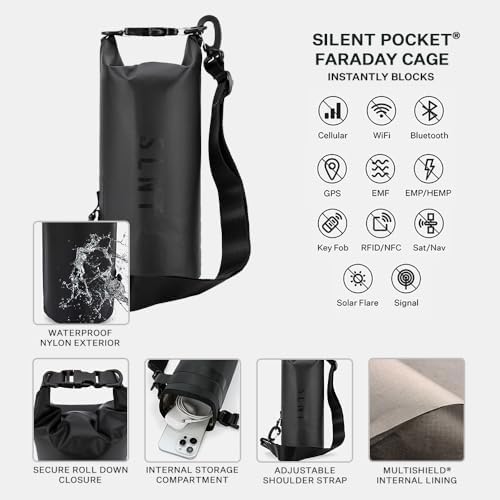 Silent Pocket Waterproof Faraday Dry Bag – Military-Grade Nylon Faraday Bag – RFID Signal Blocking Dry Bag/Waterproof Backpack Protects Electronics from Water, Spying, Hacking